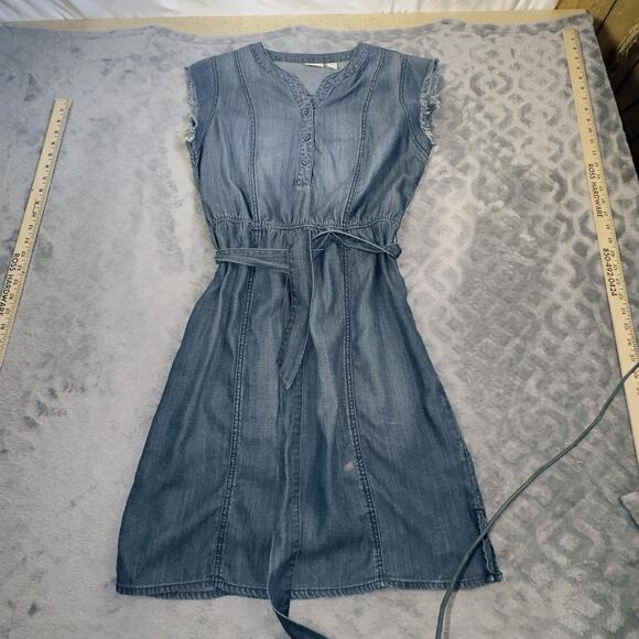 Chico's Blue Denim Fringe Dress Medium Wash SZ 0 EUC Belt A-line Short - Picture 3 of 10